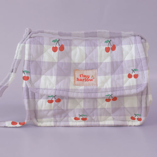 PREORDER 75% deposit Tiny Harlow Nappy Bag - Lilac Gingham and Cherry, 4 PACK