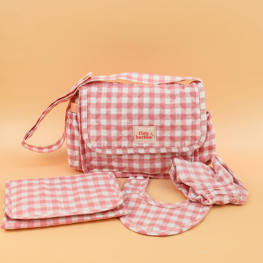 PREORDER 75% deposit Tiny Harlow Nappy Bag- Pink Gingham pack 4